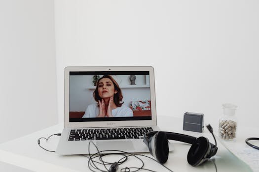 pexels-photo-7195076-7195076 A woman conducting a telemedicine session visible on a laptop screen with headphones nearby.